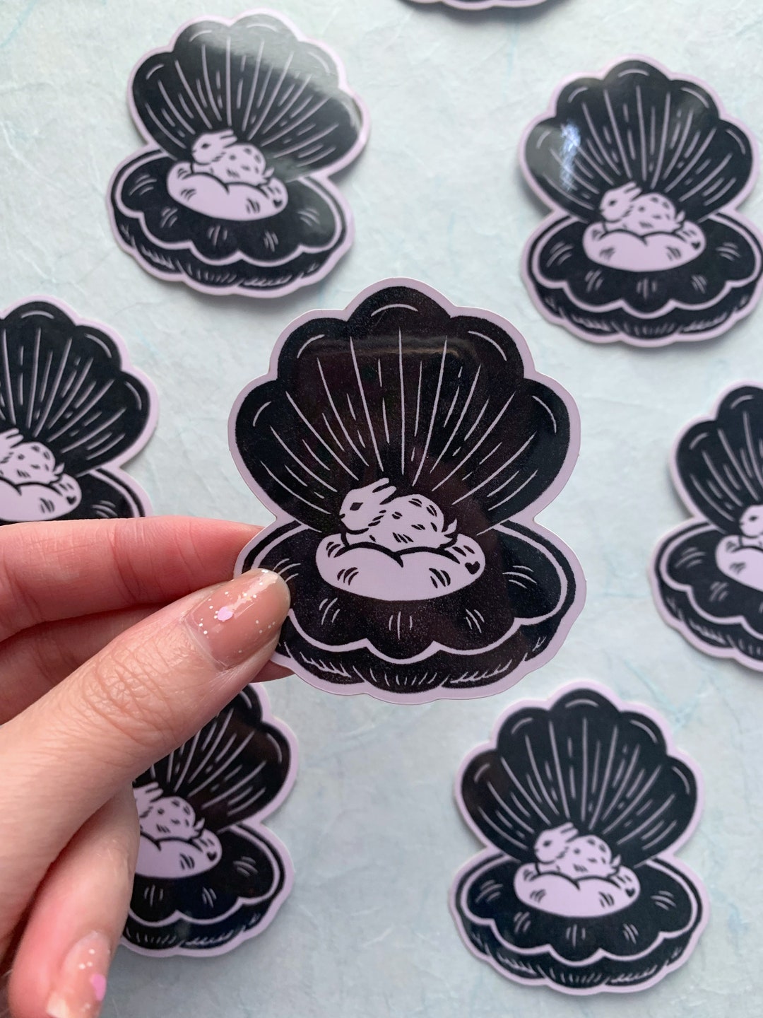 Clam Shell Sticker Cute Bunny Pearl Vinyl Sticker // Clamshell Rabbit // Laptop Water ...