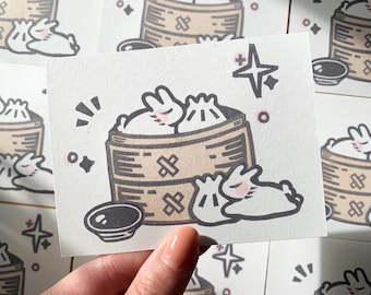 Cute Xiao Long Bao Buns Mini Block Print // Dim Sum Rabbit Linocut