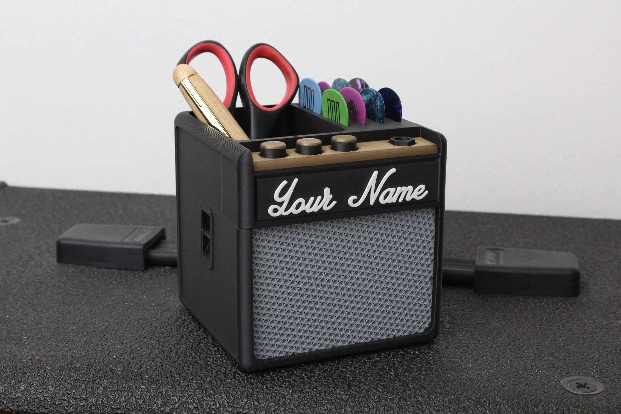 Customizable AMP • Pen Plectrum Pick Holder • Desk Organizer • Musician Guitar Player • Drummer Gift Present