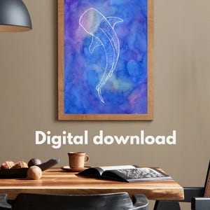 Whale Shark Line Art Printable | Ocean Watercolor Digital Wall Art | Marine Life Decor| Instant Download Sea Animal Poster| Watercolor Shark
