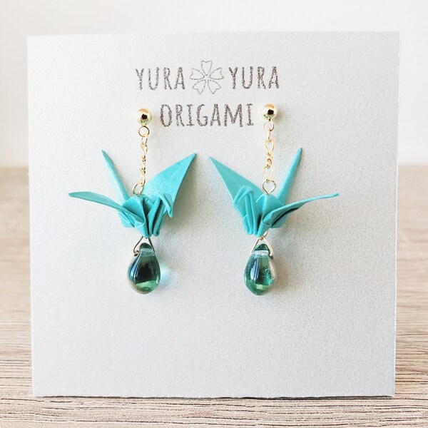 Origami Crane Earrings Turquoise blue green Japanese handmade paper earrings Unique gift for her bird earrings symbol of friendship and love