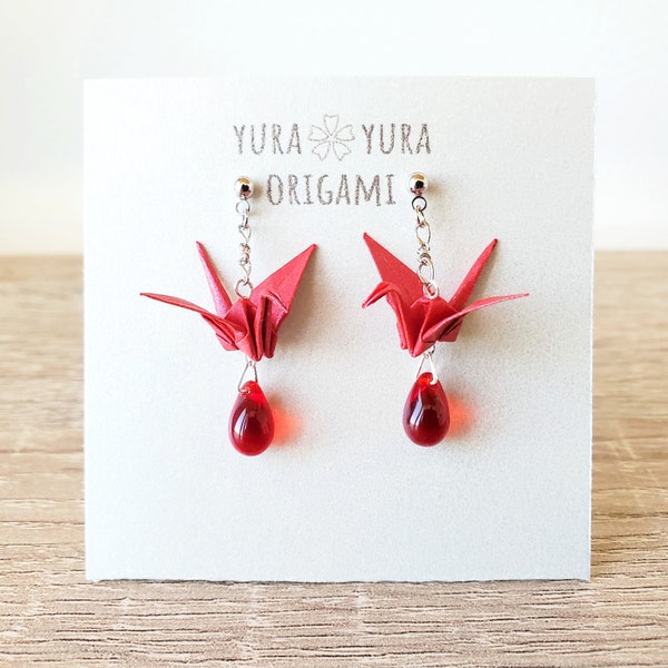 Origami Crane Earrings Red Japanese handmade paper earrings, Unique Japanese gift for her, bird earrings, symbol of peace and happiness