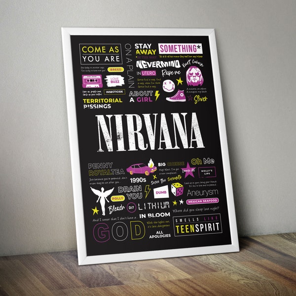 Impresión de carteles de Nirvana - Alta calidad - Rosa blanqueador y amarillo / A4 / A3