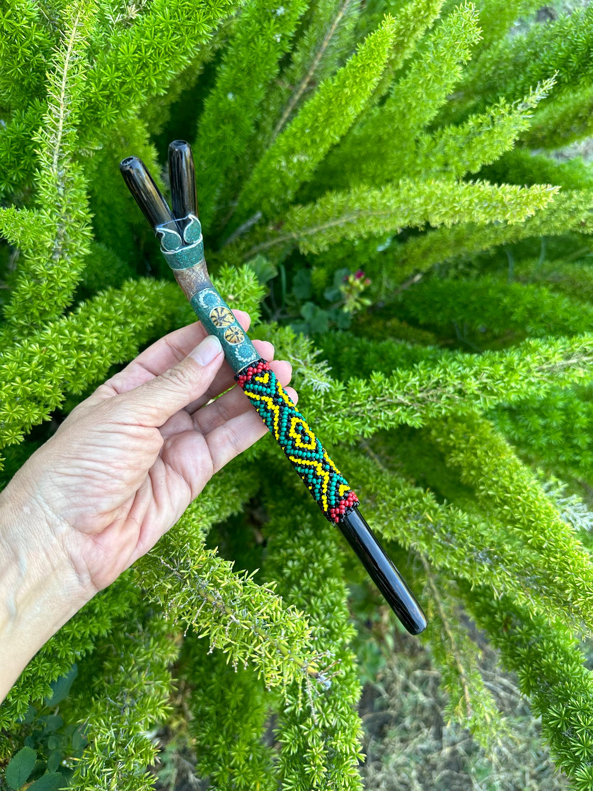 Beautiful handmade double nostril Shipibo Chonta Wood Tepi with metal, beads and clay design