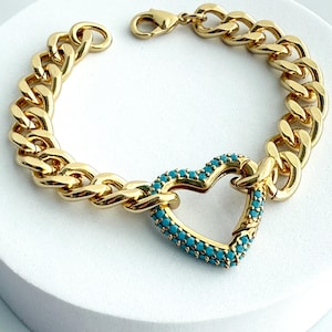 Chunky Cuban Link Heart Bracelet | 18k Gold filled Curb Chain Bracelet | Gold Chain Bracelet | Handmade Bracelet | Gift for women