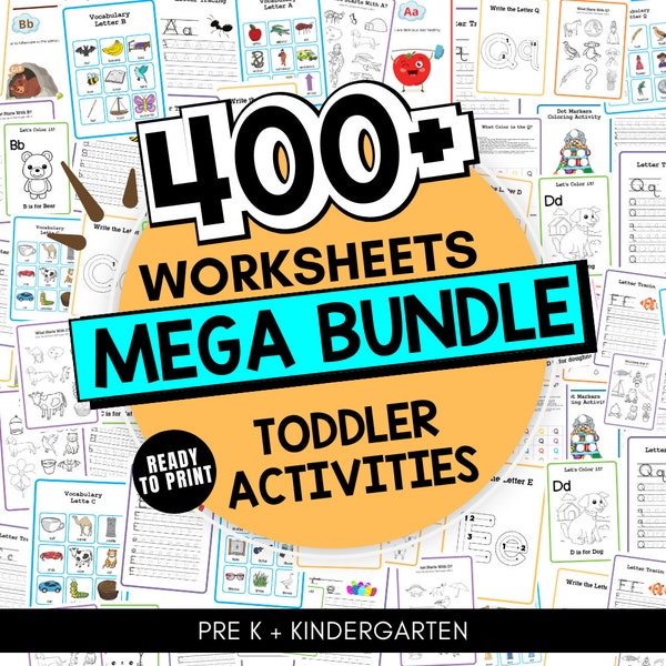 Toddler Curriculum Activities -  Preschool Pre-K + Kindergarten Learning Bundle - Activity Worksheets , Coloring , Dot To Dot, Printable