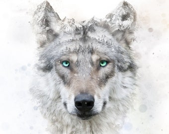 May include: A white wolf with green eyes, its fur is blended with a snowy mountain landscape. The wolf's face is in focus, with a soft, watercolor-like background.