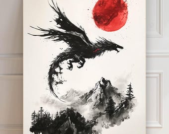 Dragon and Sun Poster | Japanese Dragon Poster | Sumi-e Print | Art Print | Asian Art | Dragon Silhouette | Wall Decoration