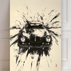 Porsche 356 speedster Print | Porsche Schwarz | Sumi-e Druck | asiatischer druck | Classic Car plakat | Vintage Sportwagen | Garage Art