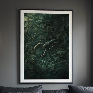 May include: A dark green and black scorpion illustration with a detailed background of lush foliage.