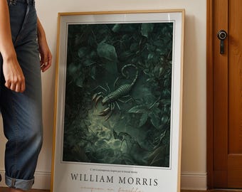unknown green scorpion, William Morris, botanical prints, exhibition posters, roses, wall art, wall decoration, anaconda on leaves poster