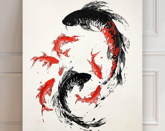 Black Carp | Carp Print | Black Carp Painting | Japanese Fish Poster | Sumi-e | Asian Art Print | Wall Decoration