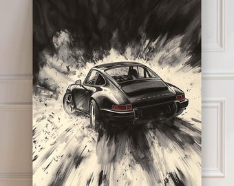 Porsche 911 classic print | Porsche car | Sumi-e print | 2-door coupé paint | car poster | minimalist asian | wall decoration