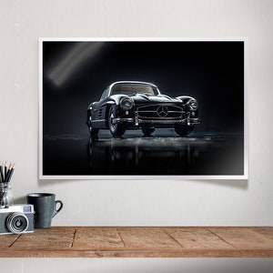Cartel vintage de Mercedes 300SL, decoración del hogar automotriz, Mercedes Gullwing 300 SL, fotografía de automóviles, cartel de arte de automóviles, arte clásico de la pared del automóvil