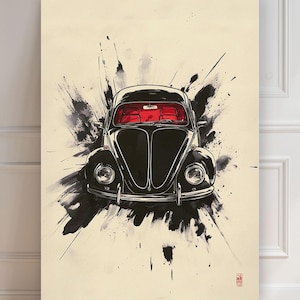 VW Käfer | Volkswagen Beetle Schwarz | Sumi-e Druck | asiatischer druck | Classic Car plakat | Vintage Sportwagen | Garage Art | Volkswagen