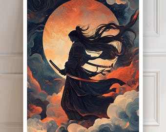 Samurai Warrior Poster | Red Sun Samurai Poster | Ronin | Rising Sun | Fantasy | Asian Art | Samurai Silhouette
