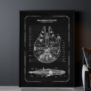 May include: Black and white blueprint style illustration of the Millennium Falcon spaceship from Star Wars. The text "MILLENNIUM FALCON YT-1300 LIGHT FREIGHTER" is at the top of the image.