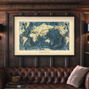 Le plancher des océans / Carte du plancher océanique, carte vintage des fonds marins et du relief terrestre, Navy Research Classic, Décoration d’art mural