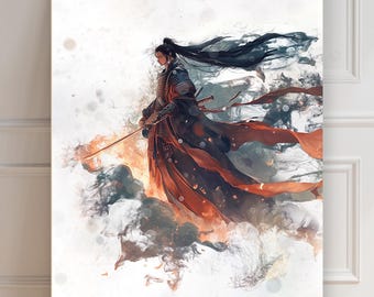 Samurai in Heaven | Japanese Warrior Samurai | Japanese Mythical | Samurai Warrior | Watercolor Wall Art | Afterlife | Asian Art