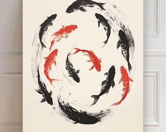 Fish in a Circle | Sea Fish Print | Abstract Watercolour | Japanese Dragon Poster | Sumi-e Print | Asian Art Print | Wall Decoration