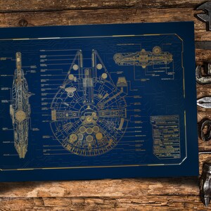 Op de afbeelding: Een blauwe en gouden poster in blueprint-stijl van het ruimteschip Millennium Falcon uit Star Wars. De poster bevat een gedetailleerd diagram van het interieur en exterieur van het schip, evenals technische specificaties.
