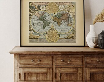 World Map | Double hemisphere map of the world | With Zodiac Signs, Constellation Astronomy signs, Astrology map, World Map Poster
