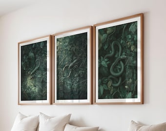 Set of 3 wall art prints, anaconda, crayfish, scorpion, botanical prints, wall art, academia prints, green leaves, ala William Morris