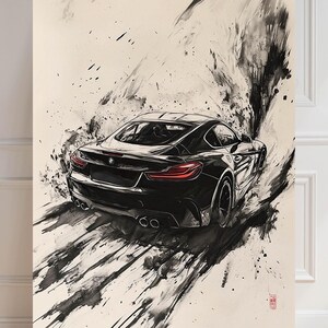BMW M4 Print | Bmw m Schwartz GT Auto | Sumi-e Druck | 2-door coupé paint | Auto Poster | Minimalistischer asiatischer | Wanddekoration