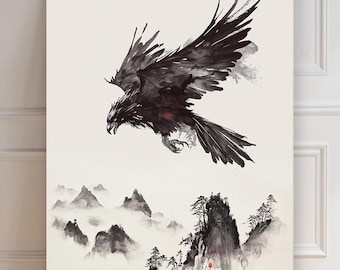 Raven Print | Japanese Bird Drawing | Sumi-e Print | Art Print | Asian Art | Bird Silhouette | Wall Decoration