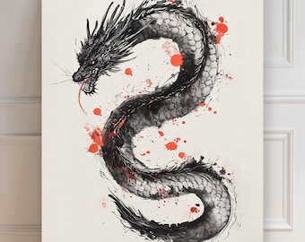 Traditional Chinese Dragon Print | Ink Dragon | Oriental Mythological | Framed Asian Wall Art | Zen Dragon Home Decor
