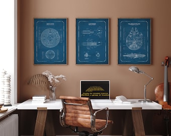 Set of 3 Star Wars Patent Prints | Star Wars Blueprints | Millennium Falcon, Lightsaber, Death Star | Wall Art | Star Wars Fan Gift