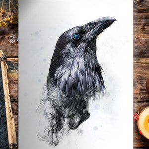 Raven huginn / valhalla, viking god odin, norse mythology, black bird, raven art print, raven painting, wall art poster, black crow print