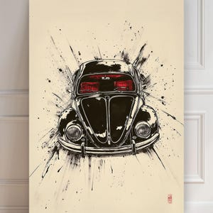 Volkswagen Beetle Print | VW Beetle Auto plakat | Sumi-e Druck | Kunstdruck | Auto Kunst Poster | asiatischer tinte | Wanddekoration