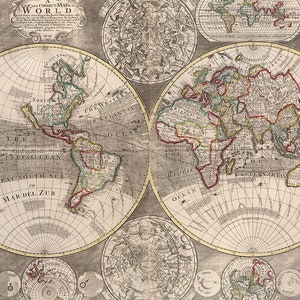 Correct Map of World 1732, With Constellation Astronomy Chart, Astrology, Double hemisphere map of the World, Map Poster