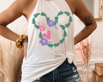 Mouse Ears Hawaiian/Tropical Hibiscus Flowers and Heart Magical Vacation Graphic Women&#39;s High Neck Tank Tops