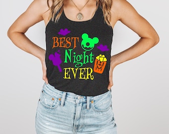 Best Night Ever Mickey Bar Donut Popcorn Bats Halloween Magical Vacation Graphic Family Tank Tops