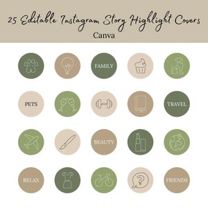 Editable Earth Tones Lifestyle Instagram Highlight Covers | Boho Highlight Story Covers | Minimalist Highlight | Green And Beige Highlights