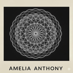 Peut inclure: Une œuvre d'art géométrique en noir et blanc avec des motifs complexes et superposés. La composition circulaire et symétrique est mise en valeur sur un fond noir. Le texte "AMELIA ANTHONY" est visible en bas.