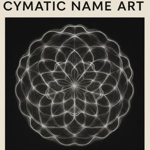 Puede incluir: Impresión en blanco y negro con el texto "PERSONALIZED CYMATIC NAME ART" sobre un diseño geométrico blanco, simétrico y detallado. El nombre "AMELIA DAVIS" está impreso debajo.