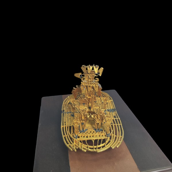 Golden Voyage: Pre-Columbian Reproduction of Ancient Gilded Boat Sculpture with Figures