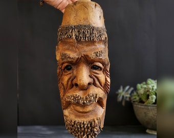 Unique hand carved sugar cane sculpture for aesthetic wall decoration, Handmade natural wood face sculpture for room decoration