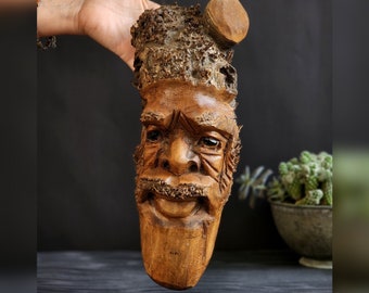 Unique sugar cane face wall sculpture, Handmade aesthetic carved face sculpture for room decoration