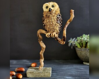 Handmade decorative cute owl sculpture for bookshelf, Unique aesthetic owl ornament desk decoration