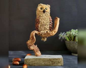 Unique handmade decorative owl sculpture for your home, Cute paper mache owl ornament for desk decoration