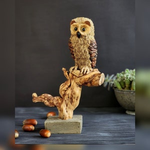 Handmade Owl Sculpture: Recycled Paper Mache & Wood Ornament