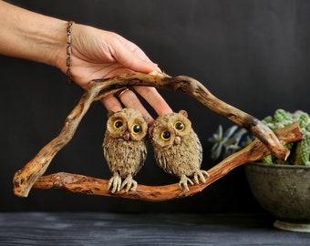 Unique handmade paper mache owl wall hanger for your home, Decorative driftwood art object