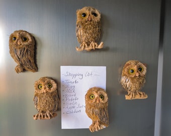 Unique handmade owl ornament refrigerator magnet made by recycled paper mache, Cute magnet as a new home gift for aesthetic room decor