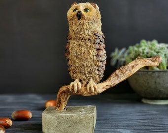 Handmade paper mache aesthetic owl sculpture for bookshelf or desk decoration, Unique owl ornament art for preppy room decor