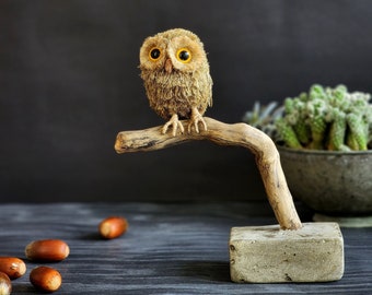 Handmade aesthetic owl sculpture for bookshelf or desk decoration, Unique decorative object for your home