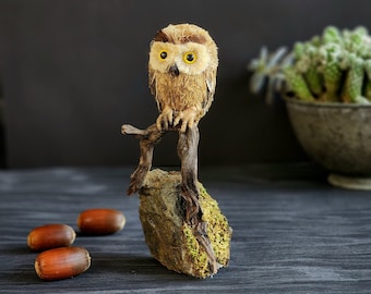 Unique handmade paper mache owl sculpture for aesthetic room decoration, One of a kind owl ornament for creative home decoration